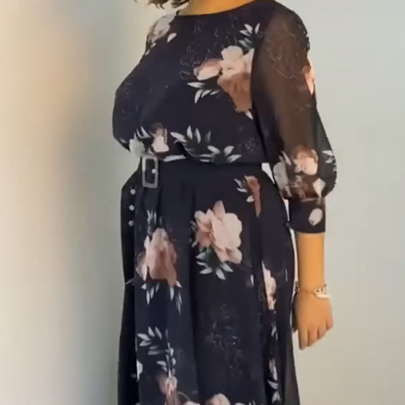 【S-4XL】🌺 Gėlėta apvalios iškirptės suknelė su diržu-LT