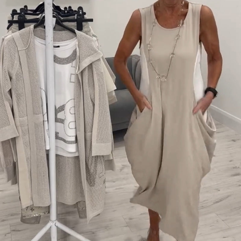 ✨Paprasta lininė suknelė be rankovių su kišenėmis-LT