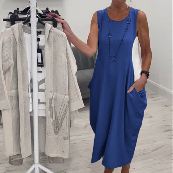 ✨Απλό αμάνικο λινό φόρεμα με τσέπες-GR