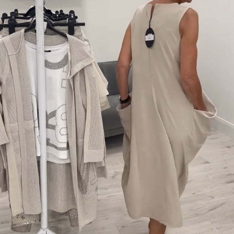 ✨Paprasta lininė suknelė be rankovių su kišenėmis-LT