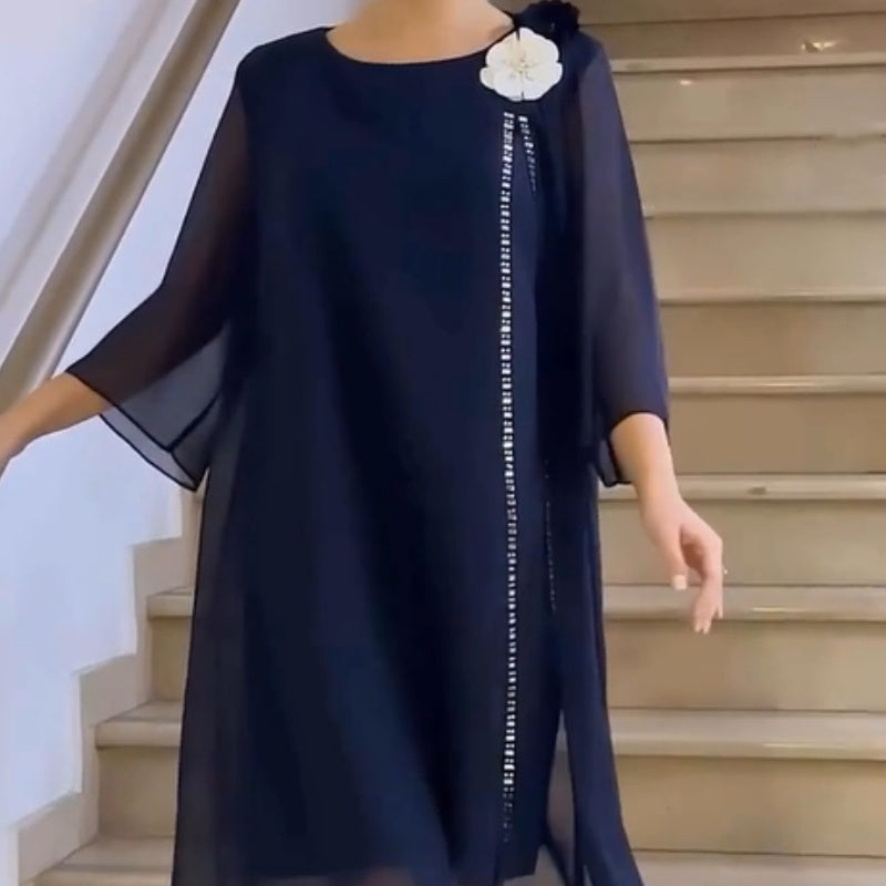 🌸✨【S-4XL】Moteriška tinklinė suknelė apvaliu kaklu su gėlių akcentu-LT