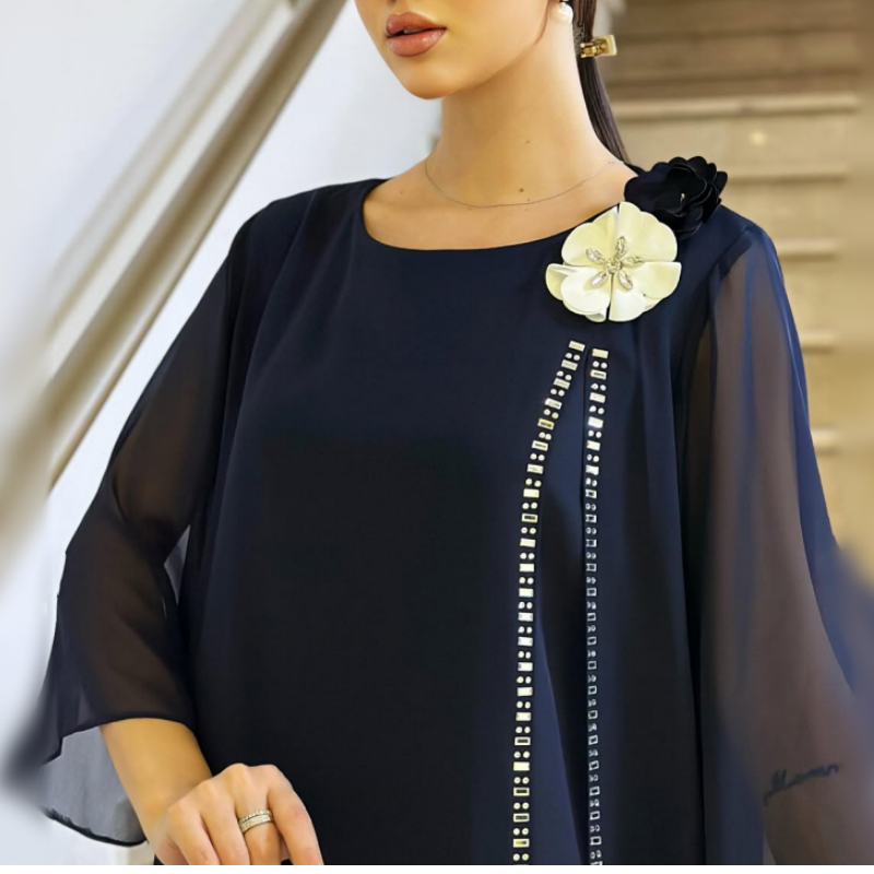🌸✨【S-4XL】Moteriška tinklinė suknelė apvaliu kaklu su gėlių akcentu-LT