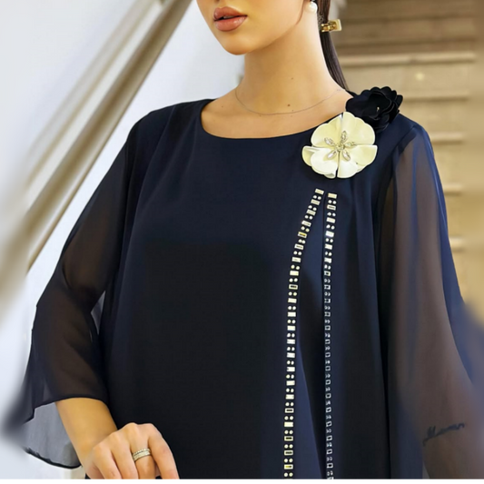 🌸✨【S-4XL】Moteriška tinklinė suknelė apvaliu kaklu su gėlių akcentu-LT