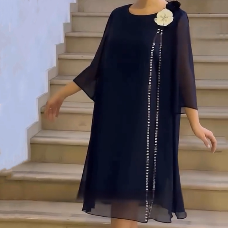 🌸✨【S-4XL】Moteriška tinklinė suknelė apvaliu kaklu su gėlių akcentu-LT