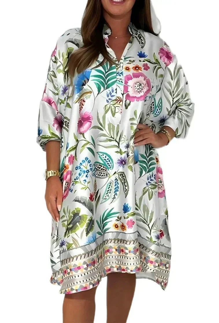 🌺Ohlapna cvetlična obleka z V-izrezom na gumbe-SI