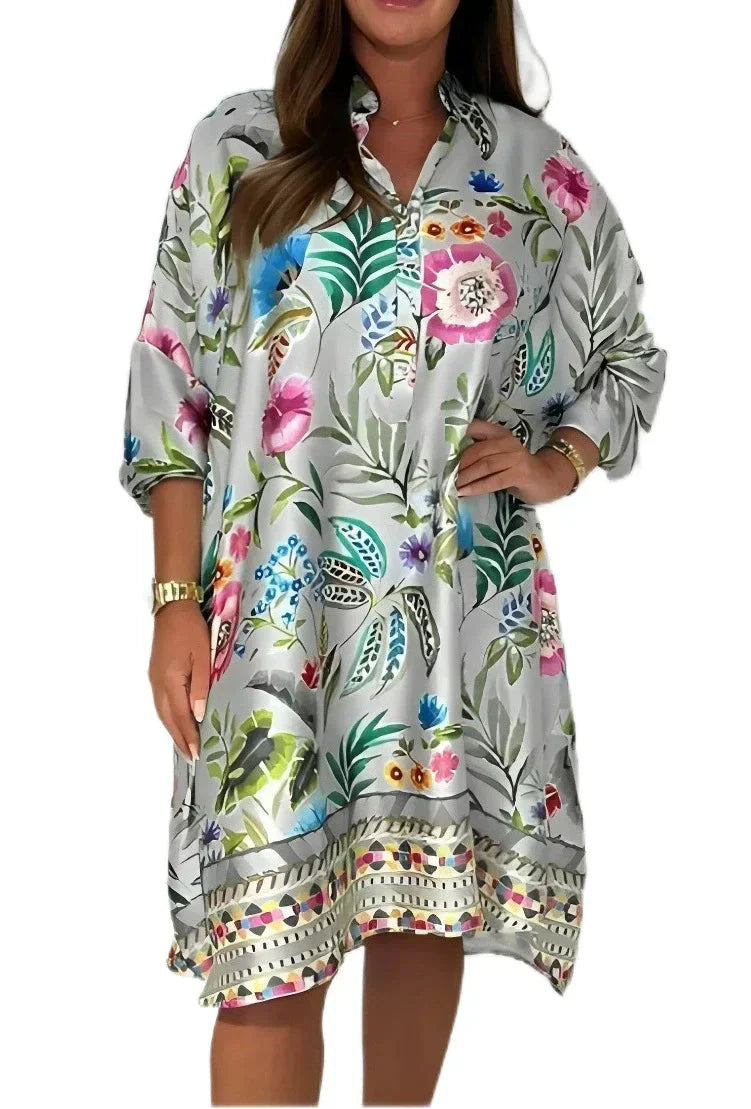 🌺Ohlapna cvetlična obleka z V-izrezom na gumbe-SI