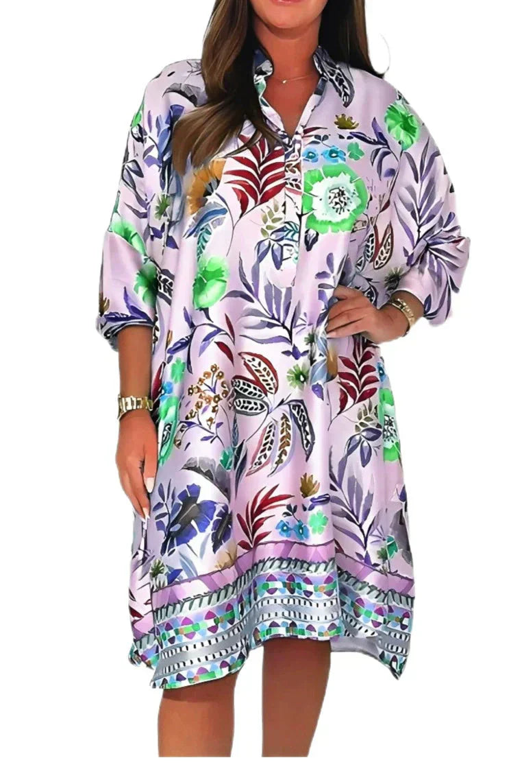 🌺Ohlapna cvetlična obleka z V-izrezom na gumbe-SI