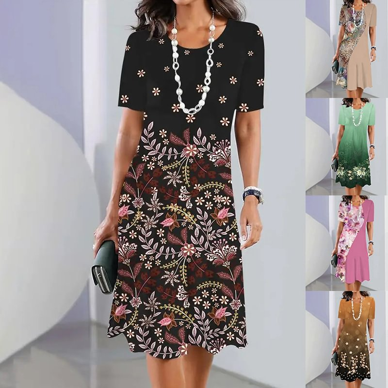 🌸Elegante vestido de mujer con escote redondo y estampados florales.-ES