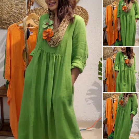 💖Omejena razprodaja, 20 % POPUST💖Ženska, za prosti čas, lanena boho obleka z dolgimi rokavi-SI