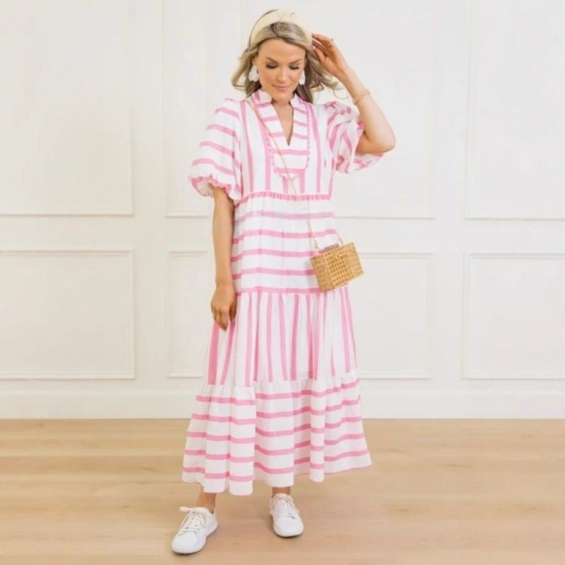 🌸Γυναικείο καλοκαιρινό ριγέ, φαρδύ, casual φόρεμα με κοντό μανίκι-GR