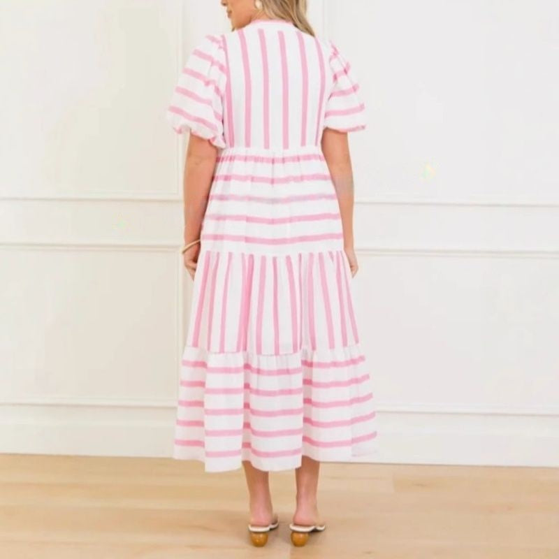 🌸Moteriška vasarinė dryžuota, laisva, kasdieniška, trumpomis rankovėmis suknelė-LT