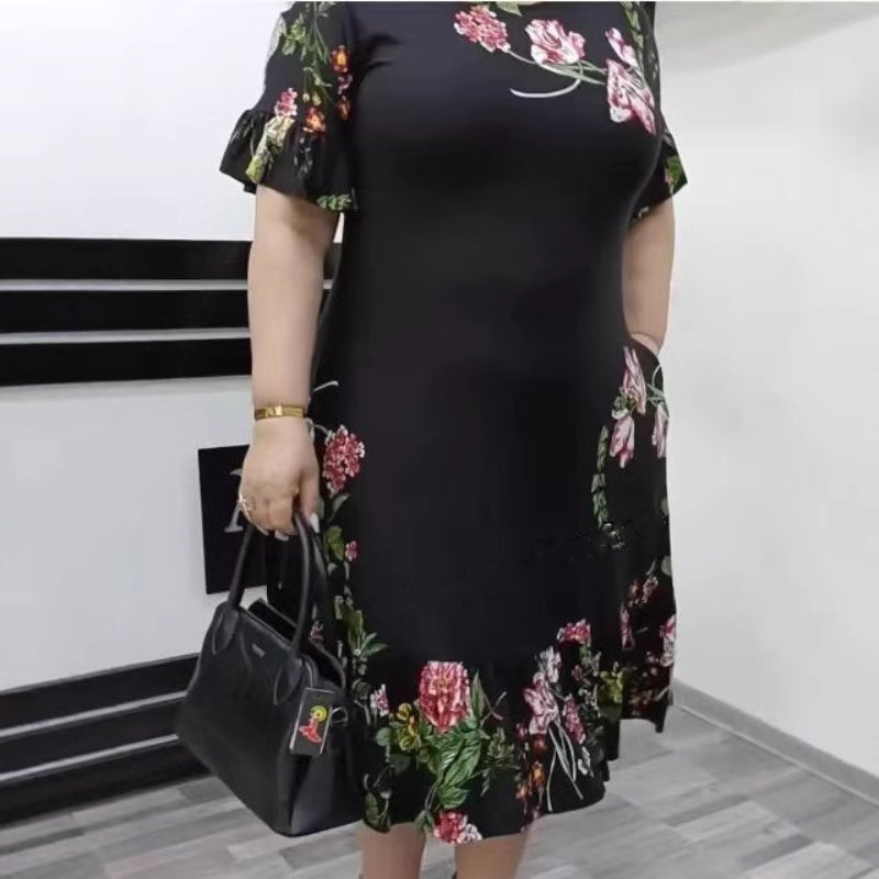 🌺Elegantiška, didelių gabaritų raštų ir raukinių suknelė-LT