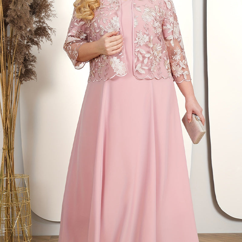 ✨Γυναικείο μονόχρωμο φόρεμα με κεντημένο σακάκι από δαντέλα-GR