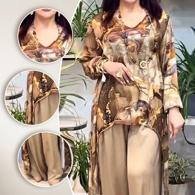 ❤️Γυναικείο σετ δύο τεμαχίων με μοντέρνο τυπωμένο τοπ και παντελόνι-GR