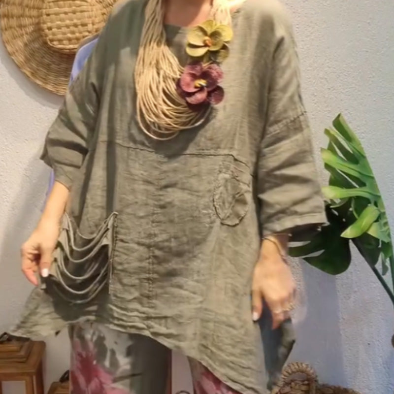 ✨Λινό τοπ με πλαϊνές τσέπες για γυναίκες με χαλαρή εφαρμογή-GR