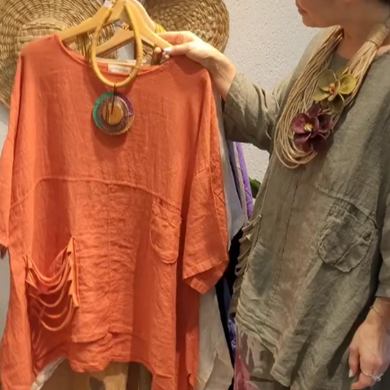 ✨Lininis viršus su šoninėmis kišenėmis moterims, laisvo kirpimo-LT