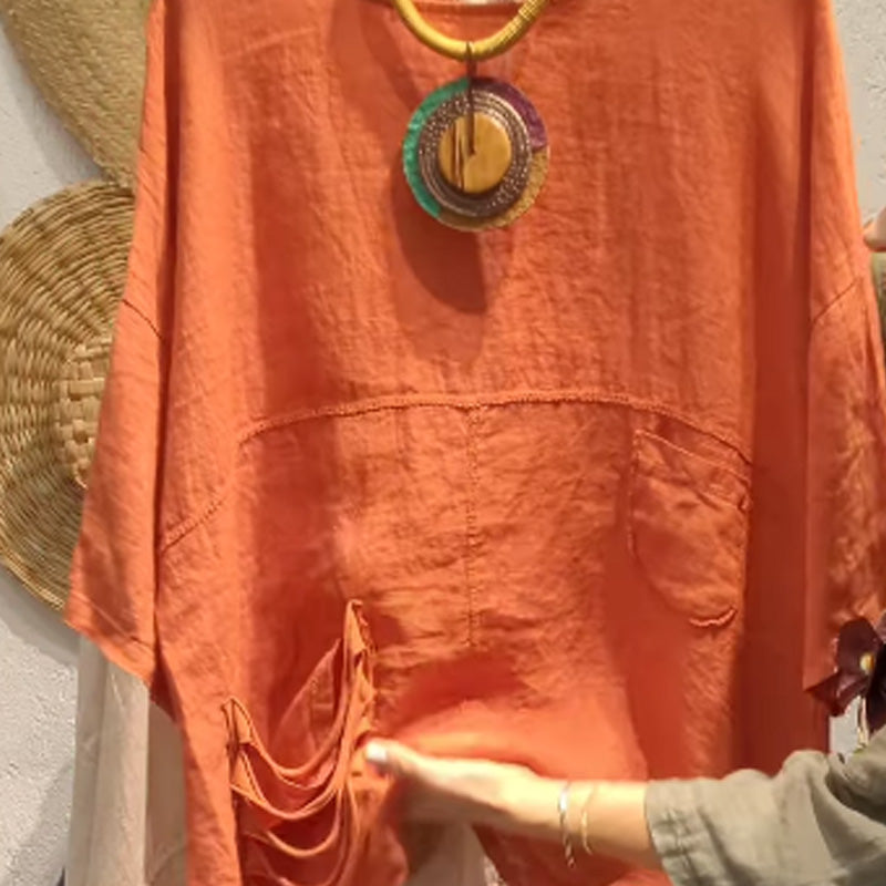 ✨Lininis viršus su šoninėmis kišenėmis moterims, laisvo kirpimo-LT