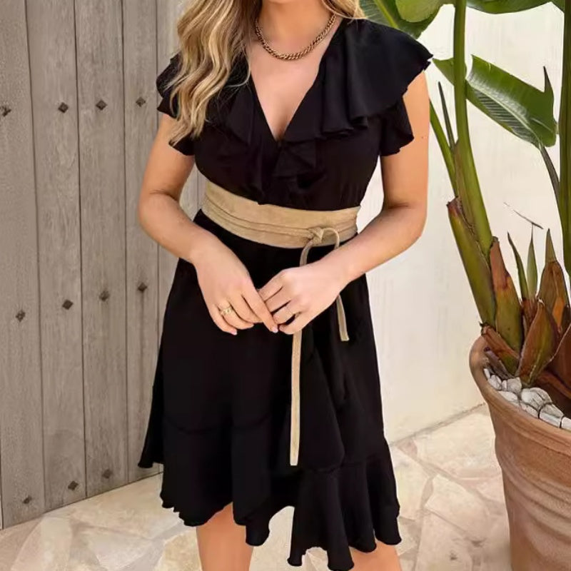 🔥Elegantna ženska obleka z V-izrezom in volančki, zavezovanjem v pasu-SI