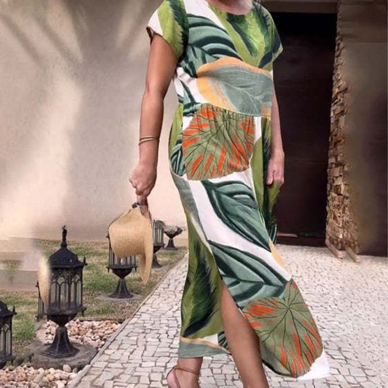 🌸 Potiskana obleka s stranskim razrezom in kratkimi rokavi s stranskim razrezom za ženske-SI