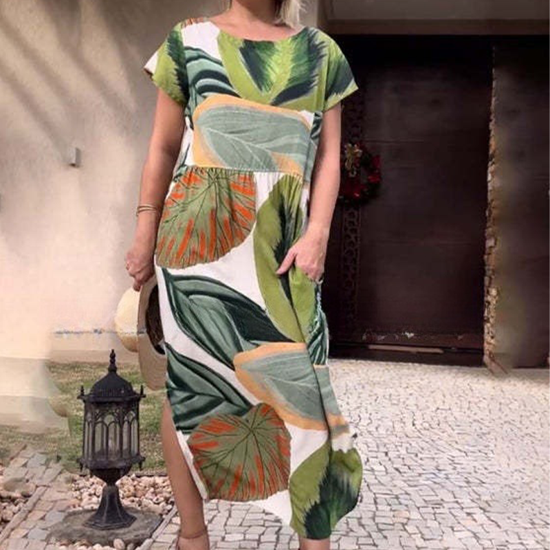 🌸 Φορέματα με κοντά μανίκια και στάμπα στο πλάι για γυναίκες-GR