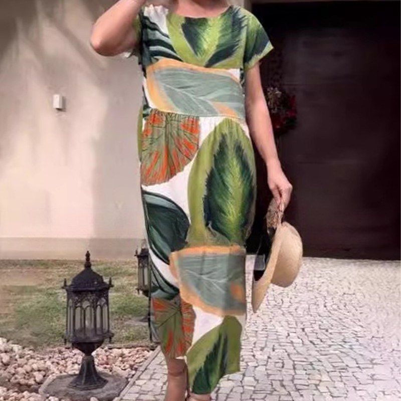 🌸 Potiskana obleka s stranskim razrezom in kratkimi rokavi s stranskim razrezom za ženske-SI