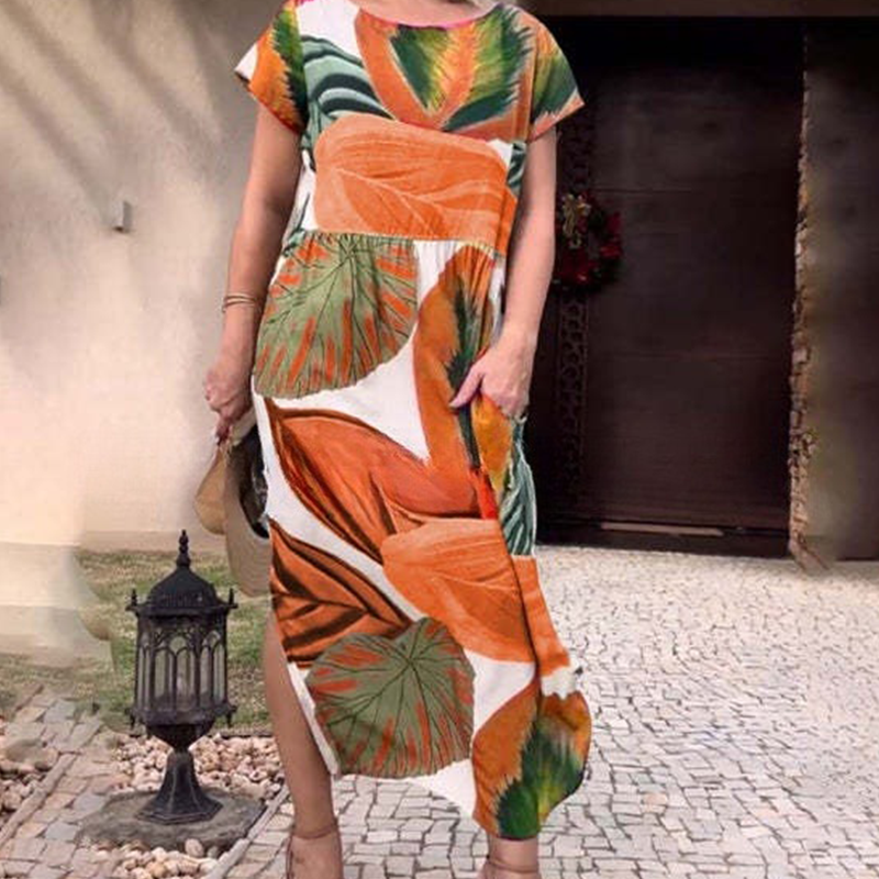 🌸 Φορέματα με κοντά μανίκια και στάμπα στο πλάι για γυναίκες-GR