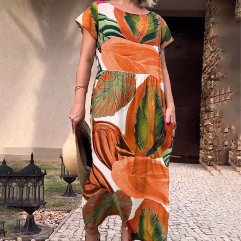 🌸 Potiskana obleka s stranskim razrezom in kratkimi rokavi s stranskim razrezom za ženske-SI