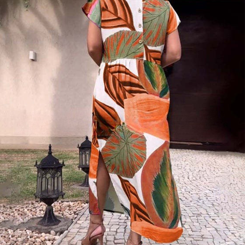 🌸 Potiskana obleka s stranskim razrezom in kratkimi rokavi s stranskim razrezom za ženske-SI