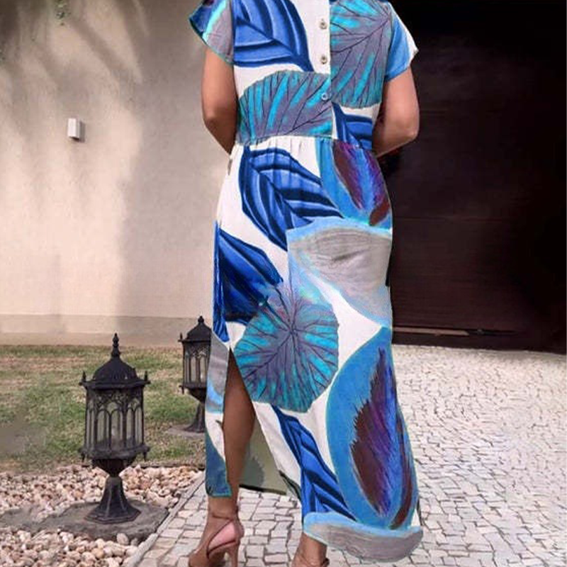 🌸 Potiskana obleka s stranskim razrezom in kratkimi rokavi s stranskim razrezom za ženske-SI