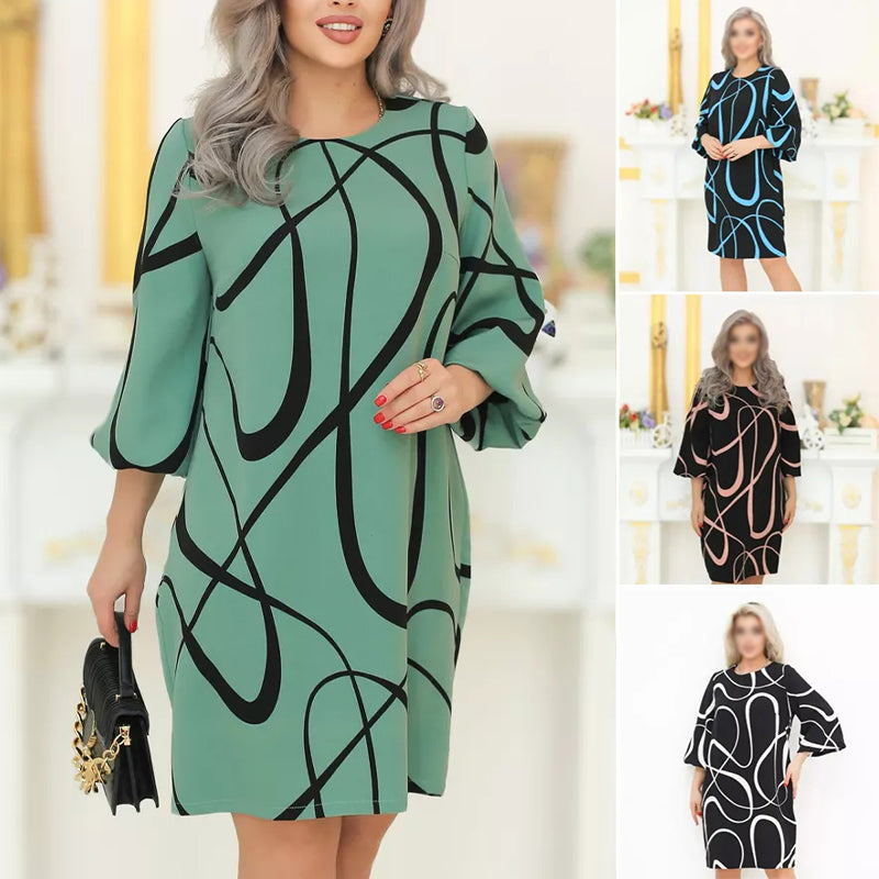 🌸 Φόρεμα με στάμπα, στρογγυλή λαιμόκοψη και μανίκια επτά τετάρτων-GR