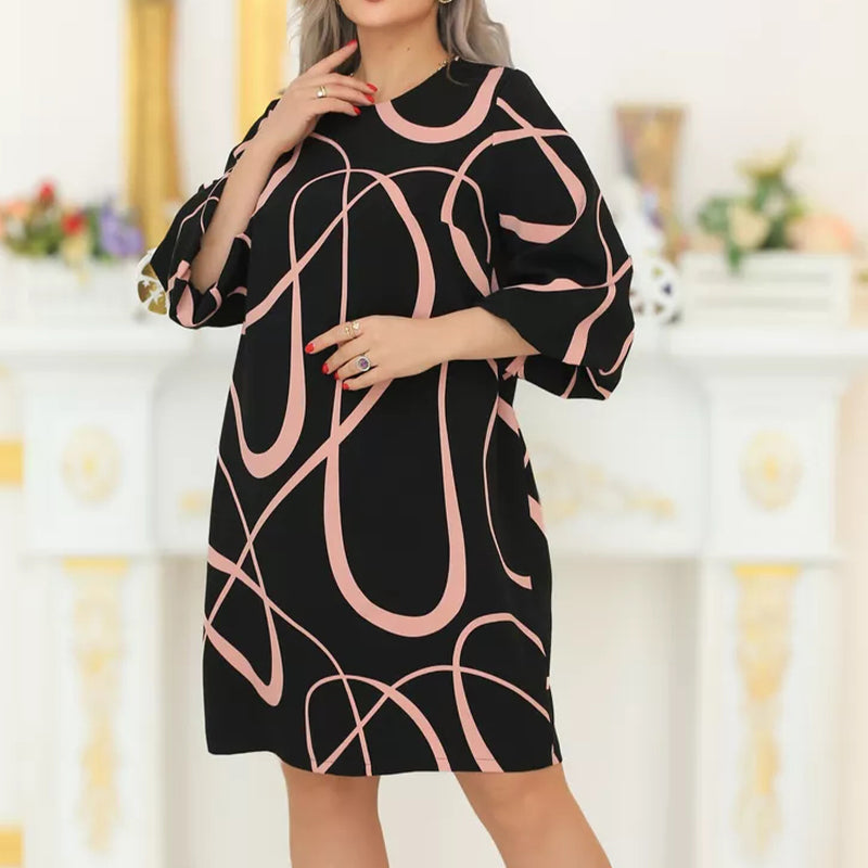 🌸 Raštuota suknelė apvalia iškirpte ir septynių ketvirčių rankovėmis-LT