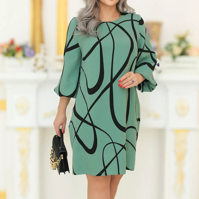 🌸 Raštuota suknelė apvalia iškirpte ir septynių ketvirčių rankovėmis-LT