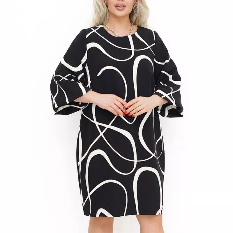 🌸 Φόρεμα με στάμπα, στρογγυλή λαιμόκοψη και μανίκια επτά τετάρτων-GR