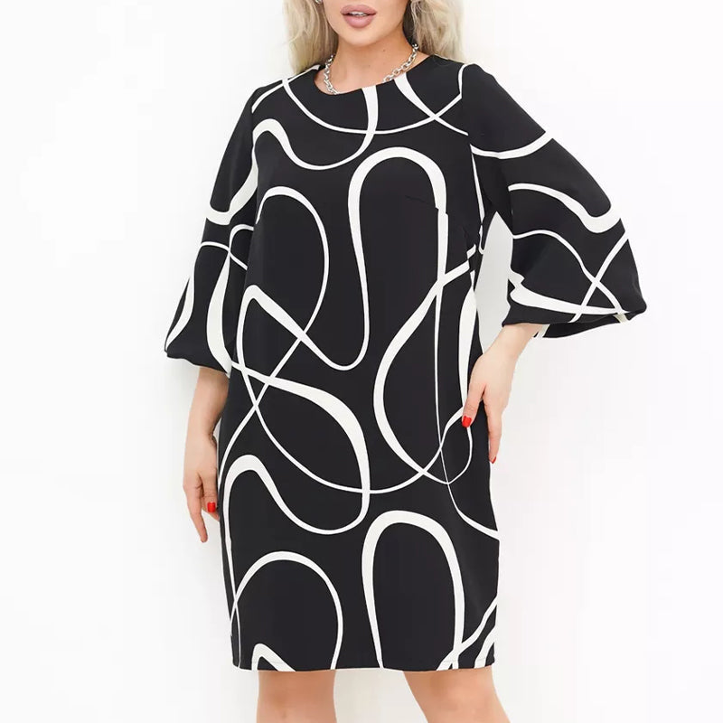 🌸 Raštuota suknelė apvalia iškirpte ir septynių ketvirčių rankovėmis-LT