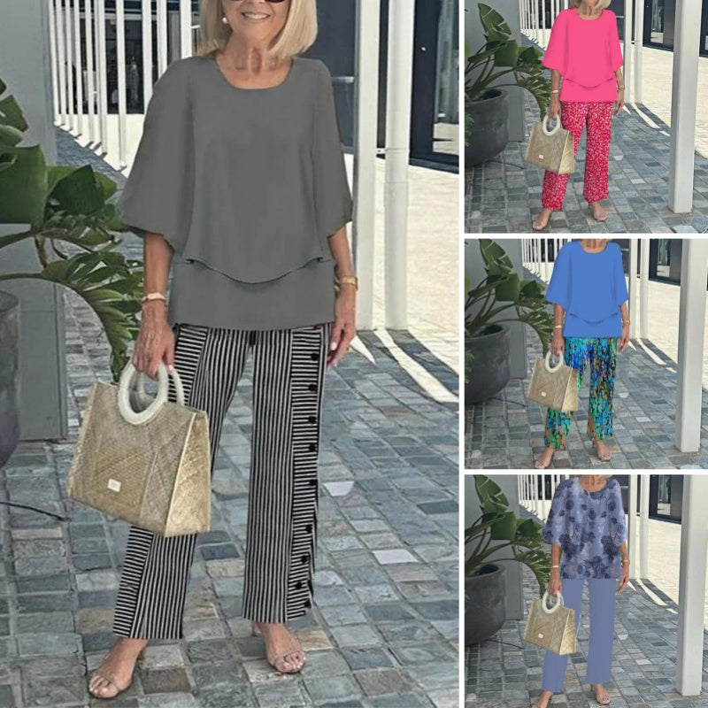 🌸Σετ γυναικείου casual παντελονιού με στρογγυλή λαιμόκοψη και στάμπα με κοντό μανίκι-GR