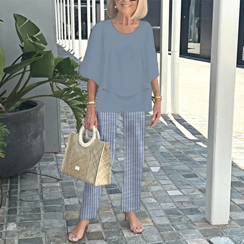 💐Raštuotų kelnių ir apvalios iškirptės palaidinės komplektas-LT