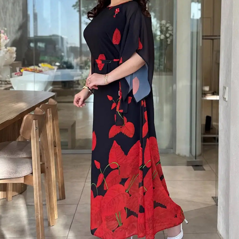 👗 Plokščios formos suknelė su apvalia iškirpte ir diržu 🌸 | Gėlių raštas | Reguliuojamas siluetas-LT