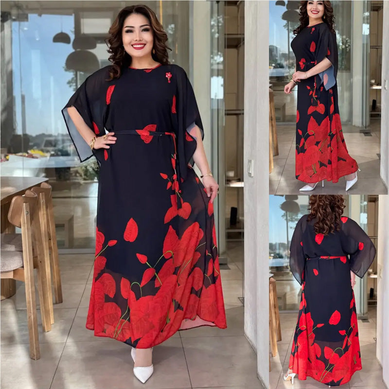 👗 Φόρεμα με βολάν και στρογγυλή λαιμόκοψη και ζώνη 🌸 | Floral Print | Ρυθμιζόμενη σιλουέτα-GR