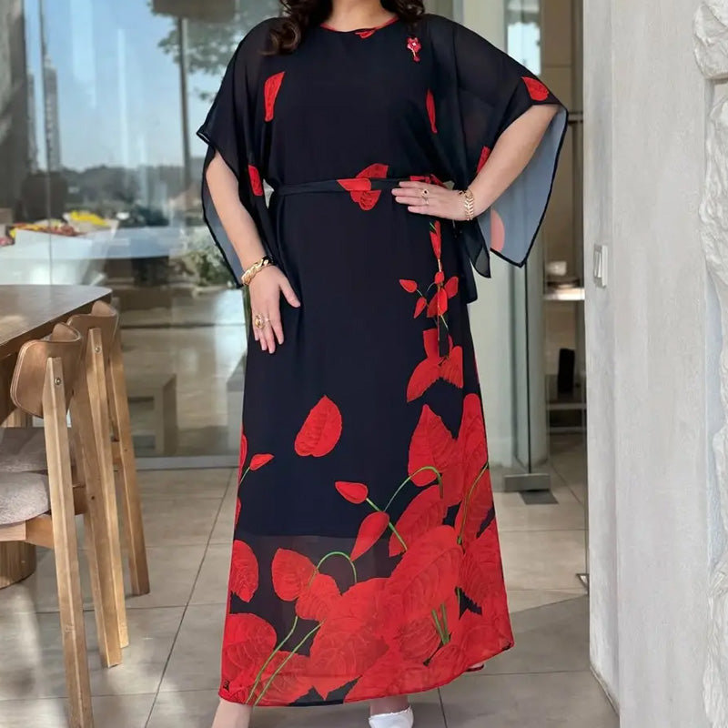 👗 Obleka z okroglim izrezom in pasom 🌸 | Cvetlični potisk | Nastavljiva silhueta-SI