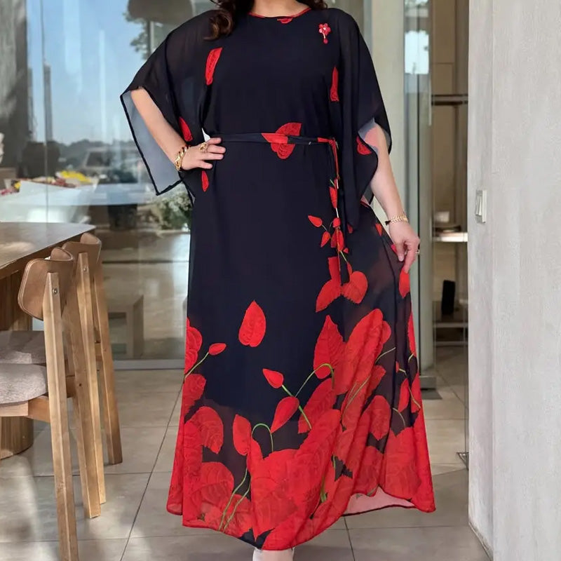 👗 Obleka z okroglim izrezom in pasom 🌸 | Cvetlični potisk | Nastavljiva silhueta-SI