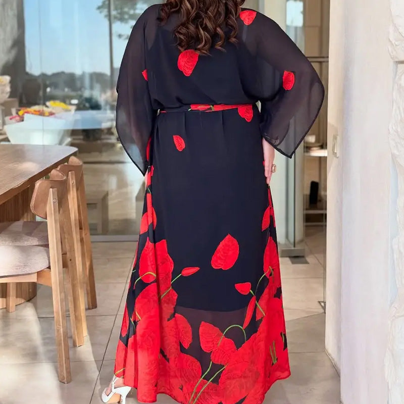 👗 Φόρεμα με βολάν και στρογγυλή λαιμόκοψη και ζώνη 🌸 | Floral Print | Ρυθμιζόμενη σιλουέτα-GR