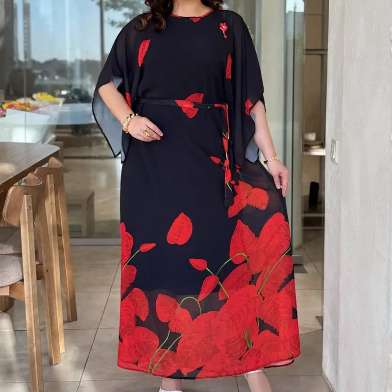 👗 Φόρεμα με βολάν και στρογγυλή λαιμόκοψη και ζώνη 🌸 | Floral Print | Ρυθμιζόμενη σιλουέτα-GR