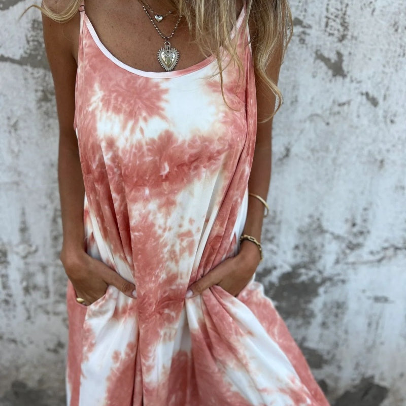 Γυναικείο Φόρεμα Tie Dye με Ντεγκραντέ Στάμπα και Τιράντες-GR