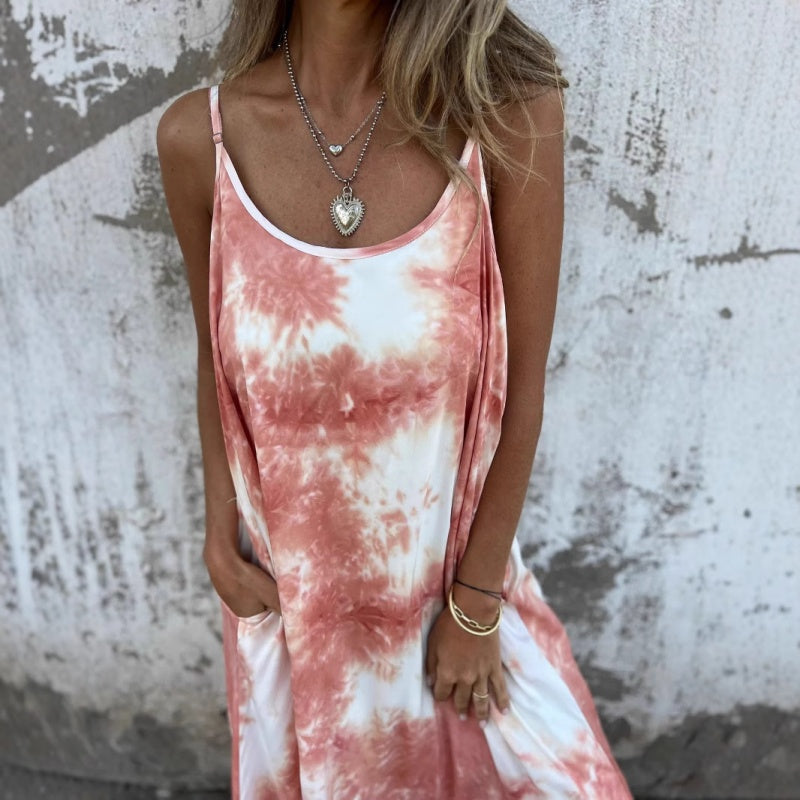 Γυναικείο Φόρεμα Tie Dye με Ντεγκραντέ Στάμπα και Τιράντες-GR