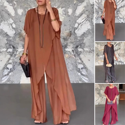 🛍️✨ Γυναικείο σετ που αποτελείται από ακανόνιστη μπλούζα και ανοιχτόχρωμο παντελόνι-GR