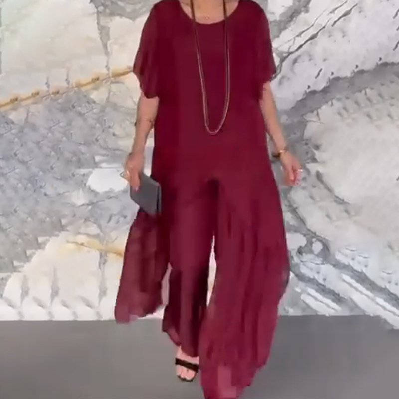 🛍️✨ Γυναικείο σετ που αποτελείται από ακανόνιστη μπλούζα και ανοιχτόχρωμο παντελόνι-GR