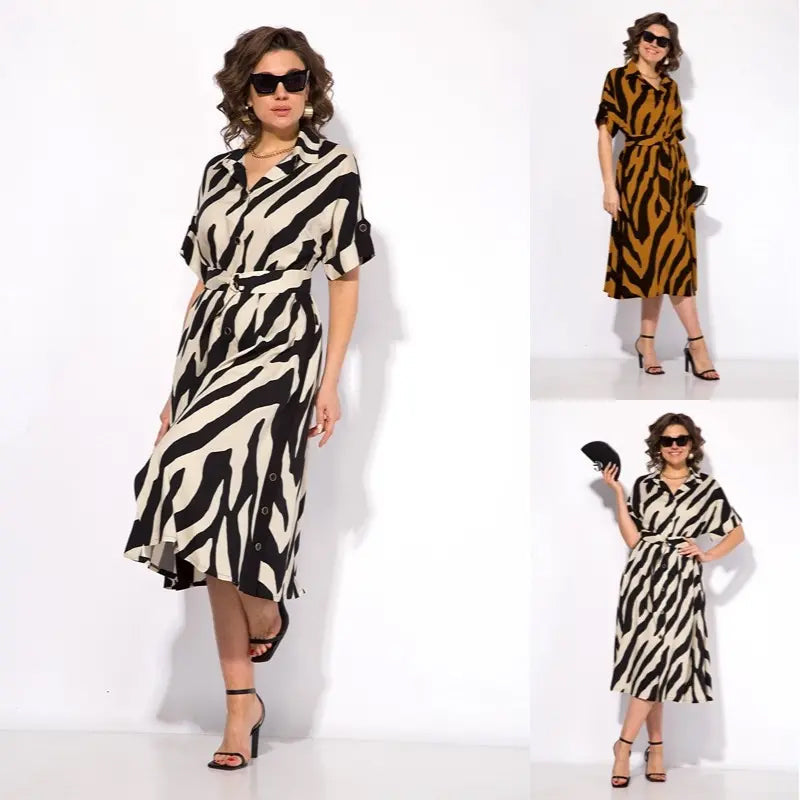 ✨🦓Obleka z V-izrezom, potiskanimi črtami in pasom-SI