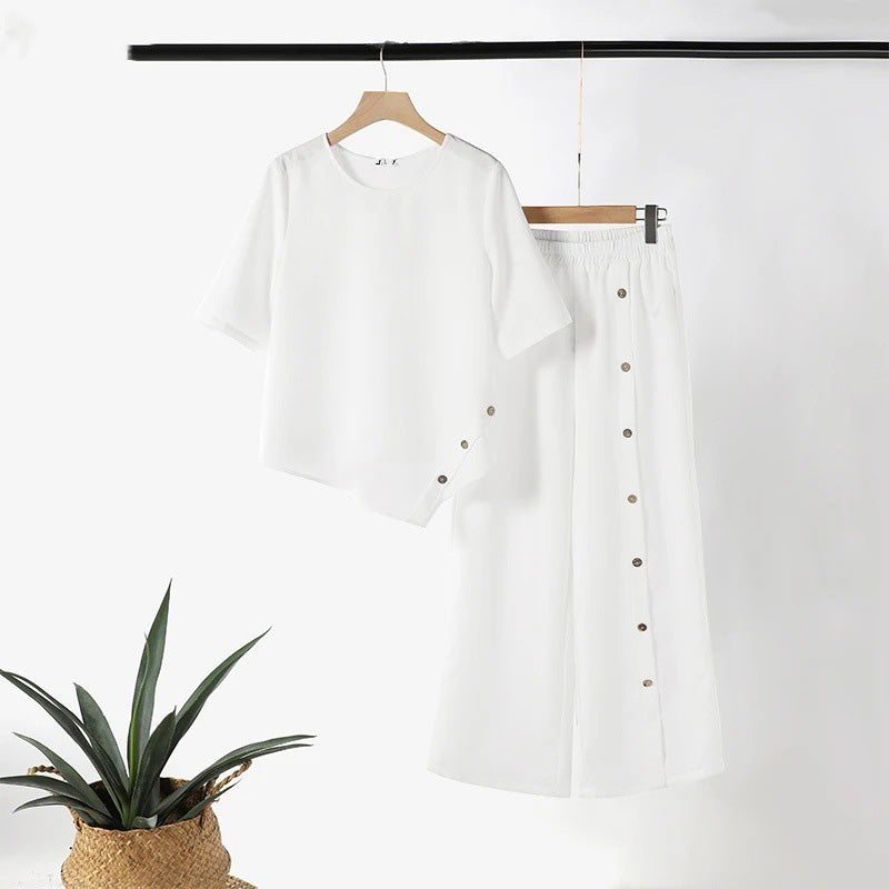 🌿Ženski dvodelni komplet: zgornji del z neenakomernim spodnjim delom in hlače s širokimi hlačnicami☁️-SI