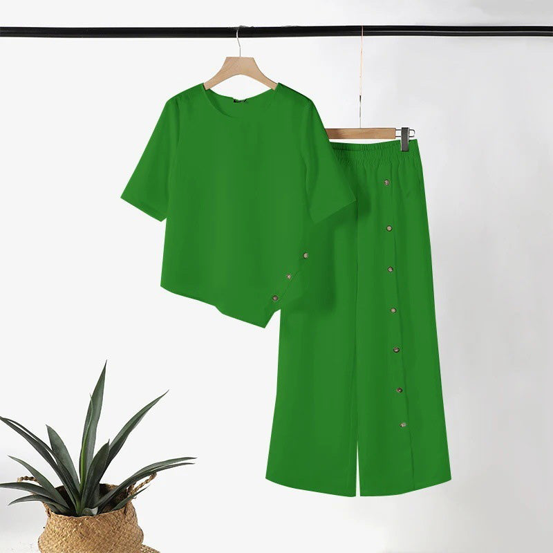 🌿Γυναικείο σετ δύο τεμαχίων: Ακανόνιστο τοπ και παντελόνι με φαρδιά μπατζάκια☁️-GR