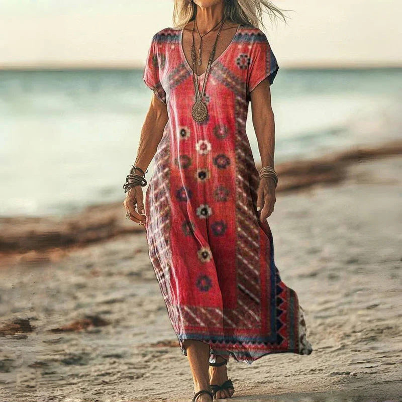 ✨Γυναικείο Φόρεμα με Κοντά Μανίκια και Στάμπα με V Λαιμόκοψη-GR